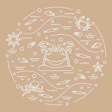 Cute vector illustration with octopus, fish, island with palm trees and a ham Stock-Illustration