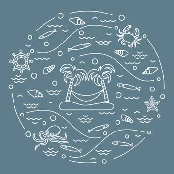 Cute vector illustration with octopus, fish, island with palm trees and a ham Stock-Illustration