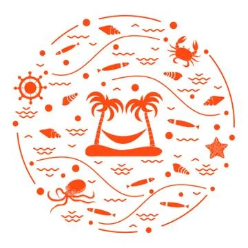 Cute vector illustration with octopus, fish, island with palm trees and a ham Stock-Illustration