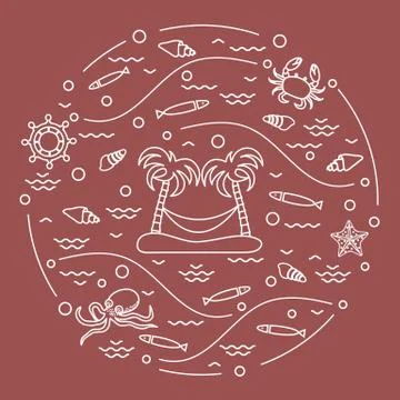 Cute vector illustration with octopus, fish, island with palm trees and a ham Stock-Illustration