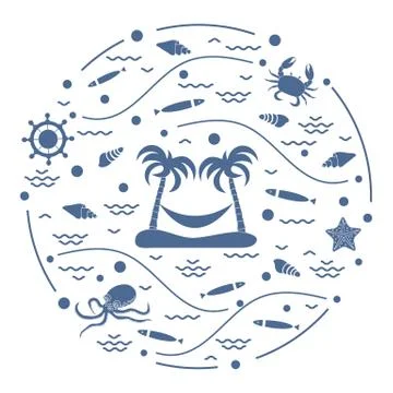 Cute vector illustration with octopus, fish, island with palm trees and a ham Stock-Illustration