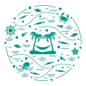Cute vector illustration with octopus, fish, island with palm trees and a ham Stock-Illustration
