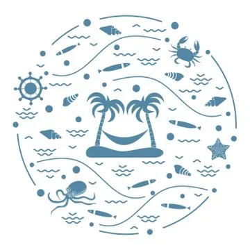 Cute vector illustration with octopus, fish, island with palm trees and a ham Stock-Illustration