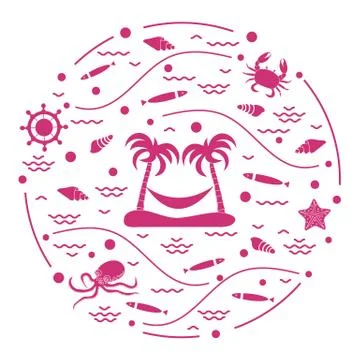 Cute vector illustration with octopus, fish, island with palm trees and a ham Stock-Illustration