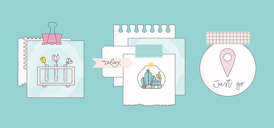 Cute vector illustration with paper notes, tapes, clamp, stickers. Can use for Illustrazione stock