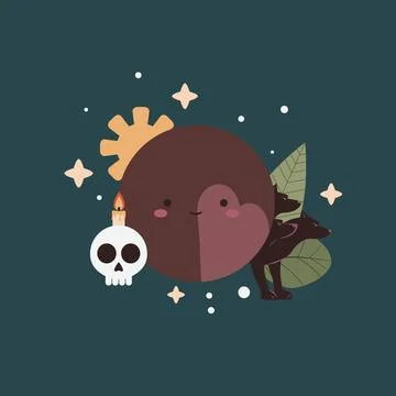 Cute vector illustration of a pluto planet character with a skull and a candle Stock Illustration