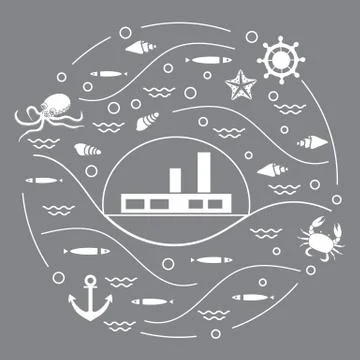 Cute vector illustration with ship, octopus, fish, anchor, helm, waves, seash 스톡 일러스트