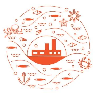 Cute vector illustration with ship, octopus, fish, anchor, helm, waves, seash 스톡 일러스트