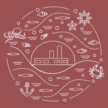 Cute vector illustration with ship, octopus, fish, anchor, helm, waves, seash 스톡 일러스트