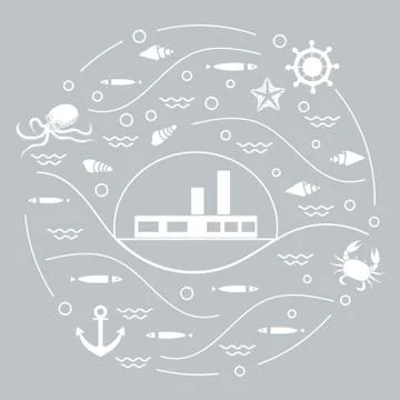 Cute vector illustration with ship, octopus, fish, anchor, helm, waves, seash 스톡 일러스트