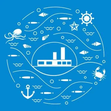 Cute vector illustration with ship, octopus, fish, anchor, helm, waves, seash 스톡 일러스트