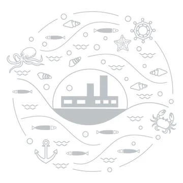 Cute vector illustration with ship, octopus, fish, anchor, helm, waves, seash 스톡 일러스트