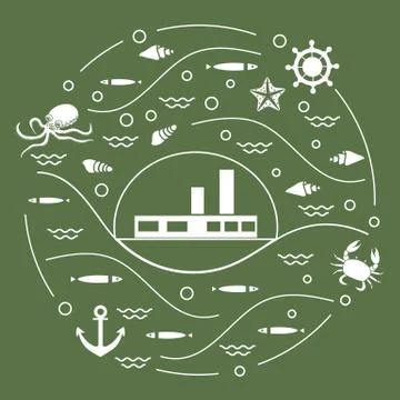 Cute vector illustration with ship, octopus, fish, anchor, helm, waves, seash 스톡 일러스트