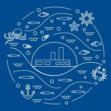 Cute vector illustration with ship, octopus, fish, anchor, helm, waves, seash 스톡 일러스트
