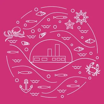 Cute vector illustration with ship, octopus, fish, anchor, helm, waves, seash 스톡 일러스트