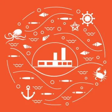 Cute vector illustration with ship, octopus, fish, anchor, helm, waves, seash 스톡 일러스트