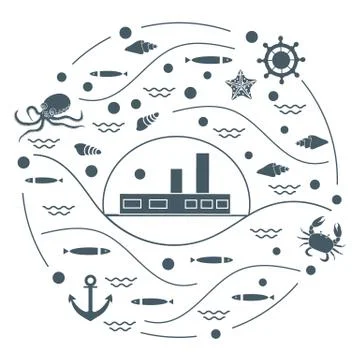 Cute vector illustration with ship, octopus, fish, anchor, helm, waves, seash 스톡 일러스트