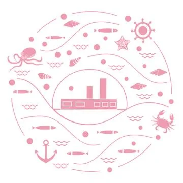 Cute vector illustration with ship, octopus, fish, anchor, helm, waves, seash 스톡 일러스트