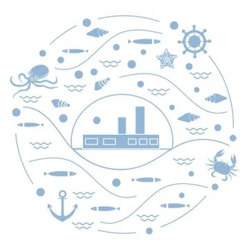 Cute vector illustration with ship, octopus, fish, anchor, helm, waves, seash 스톡 일러스트