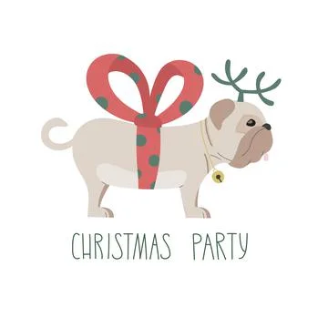 Cute vector illustration with small dog like gift. Lettering Christmas party Illustrazione stock