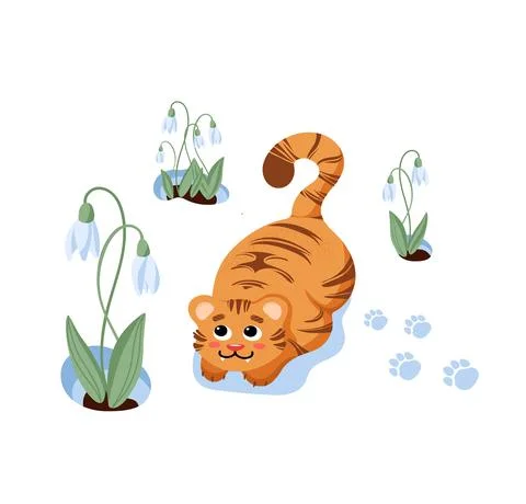 Cute vector illustration. Spring, tiger cub plays with snowdrop flower. Chinese Stock Illustration