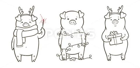 Cute vector illustration with three funny piglet Stock Illustration