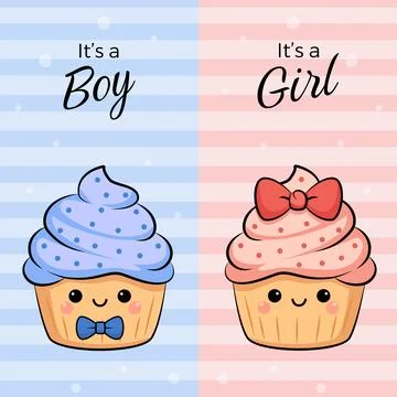 Cute vector illustration of two cupcakes for gender reveal party. Stock Illustration