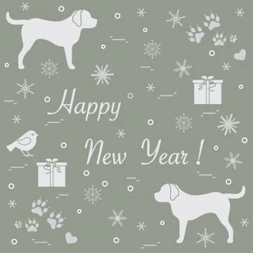 Cute vector illustration of two dogs, gift boxes, bird, hearts, footmarks and Illustrazione stock