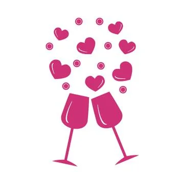 Cute vector illustration of two stemware with hearts. Greeting card Valentine Stock Illustration