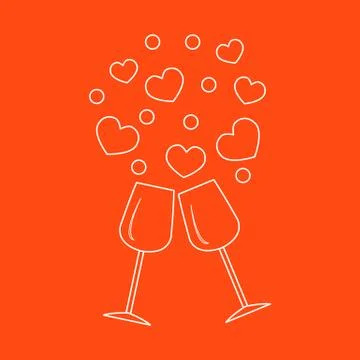 Cute vector illustration of two stemware with hearts. Greeting card Valentine Stock Illustration