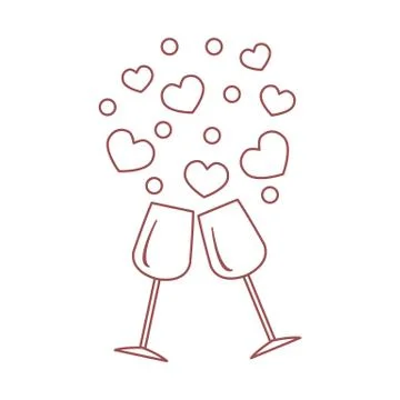 Cute vector illustration of two stemware with hearts. Greeting card Valentine Stock Illustration
