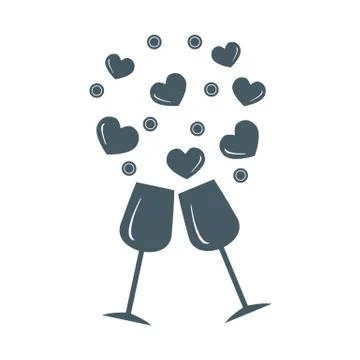 Cute vector illustration of two stemware with hearts. Greeting card Valentine Stock Illustration