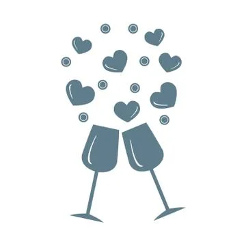 Cute vector illustration of two stemware with hearts. Greeting card Valentine Stock Illustration