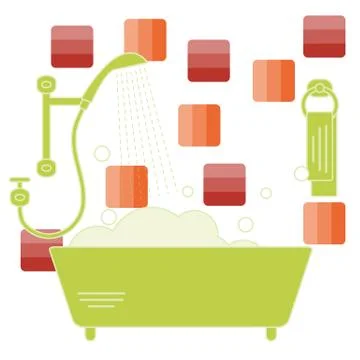 Cute vector illustration of variety bathroom elements: shower, bath with foam Illustrazione stock