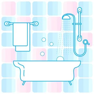 Cute vector illustration of variety bathroom elements: shower, bath with foam 스톡 일러스트