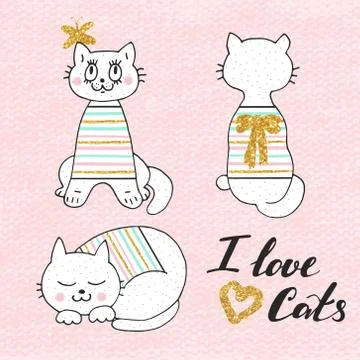 Cute vector illustration of white cat in striped sweater . Lovely hand drawn Illustrazione stock