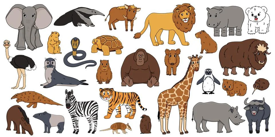 Cute vector isolated animals big set. Elephant, orangutan, monkey, lion, tige Stock Illustration