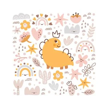 Cute vector kids composition Dino Girl Greeting card landscape with dinosaur Stock-Illustration