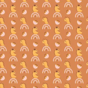 Cute vector kids seamless pattern with hand drawn girl dino, flower and rainbow Stock-Illustration