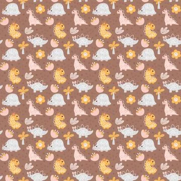 Cute vector kids seamless pattern with hand drawn girl dino, flower and palm on Stock Illustration