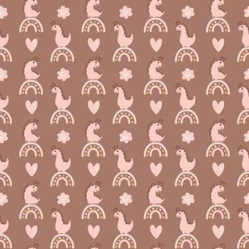 Cute vector kids seamless pattern with hand drawn girl dino, flower, heart and Stock Illustration