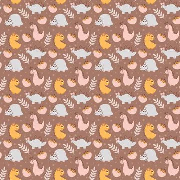 Cute vector kids seamless pattern with hand drawn girl dino, flower and branch Stock Illustration