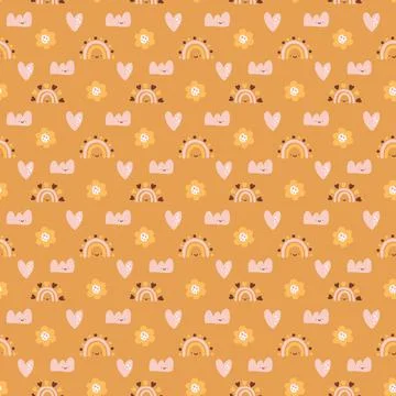 Cute vector kids seamless pattern baby girl with hand drawn rainbow, flower and Illustrazione stock