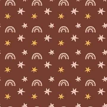 Cute vector kids seamless pattern baby girl with hand drawn rainbow and stars on Stock Illustration