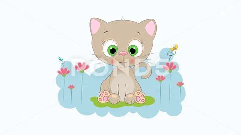 Cute vector kitten, summer illustration on a blue background PSD Template