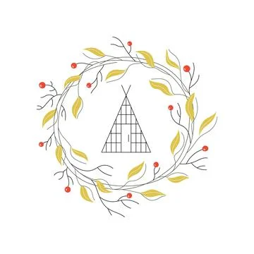 Cute vector line triangle house. Wreath frame with berries. Cute vector logo Stock Illustration