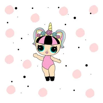 Cute vector lol doll with black and pink hair and big black eyes. Design for  Stock Illustration