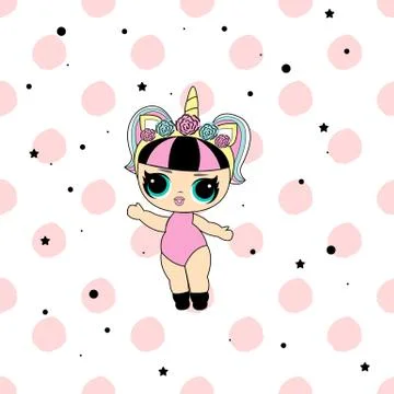 Cute vector lol doll with black and pink hair and big black eyes. Design for  Stock Illustration
