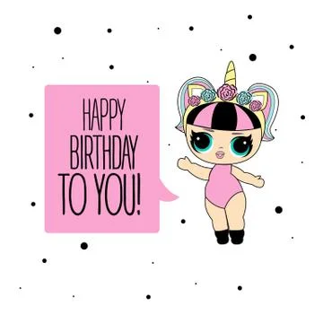 Cute vector lol doll with black and pink hair and big black eyes. Design for  Stock Illustration