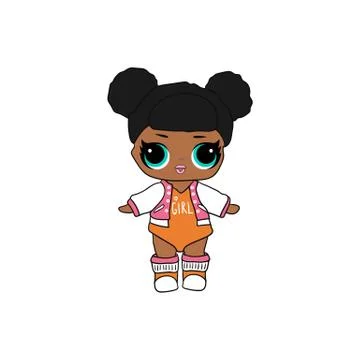 Cute vector lol doll with black and pink hair and big black eyes. Design for  Stock Illustration